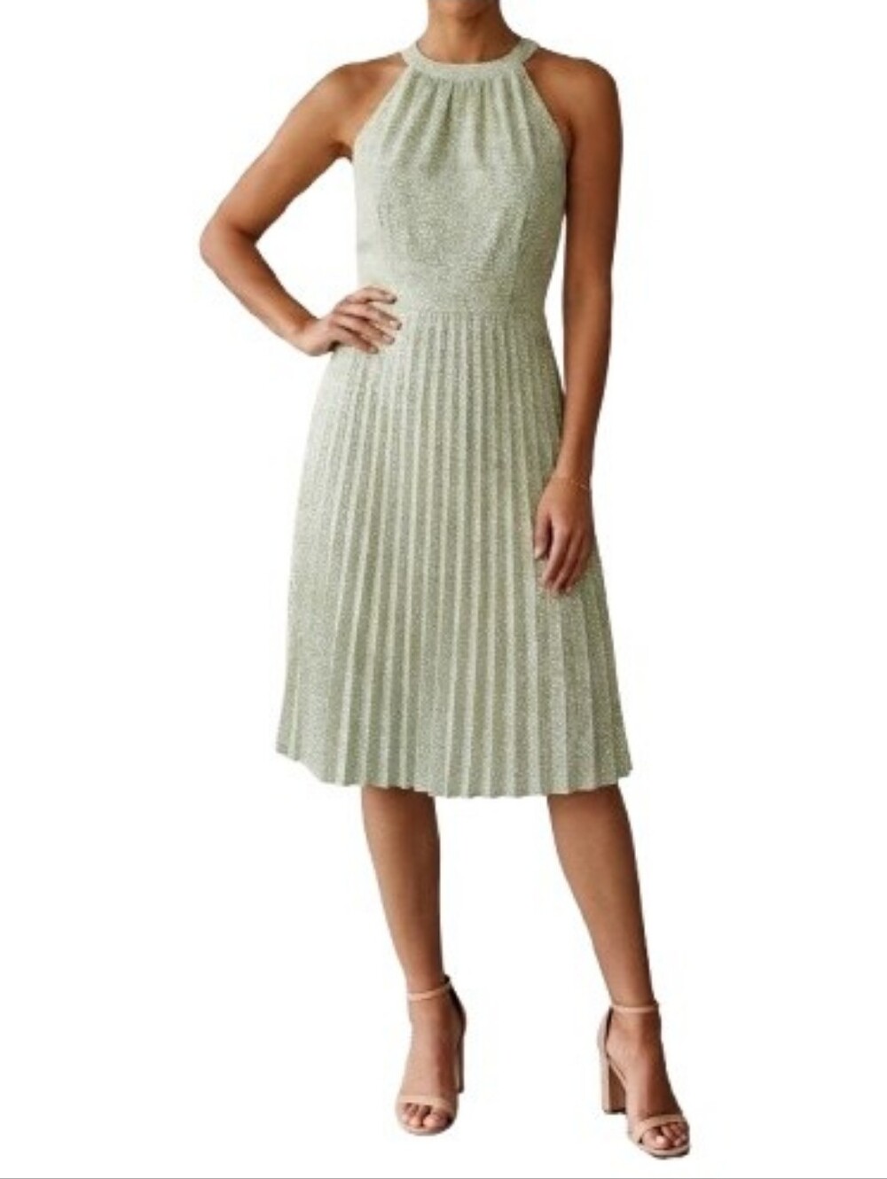 Japna Green Print Halter Dress Pleated Skirt Sleeveless NWT Style #31618